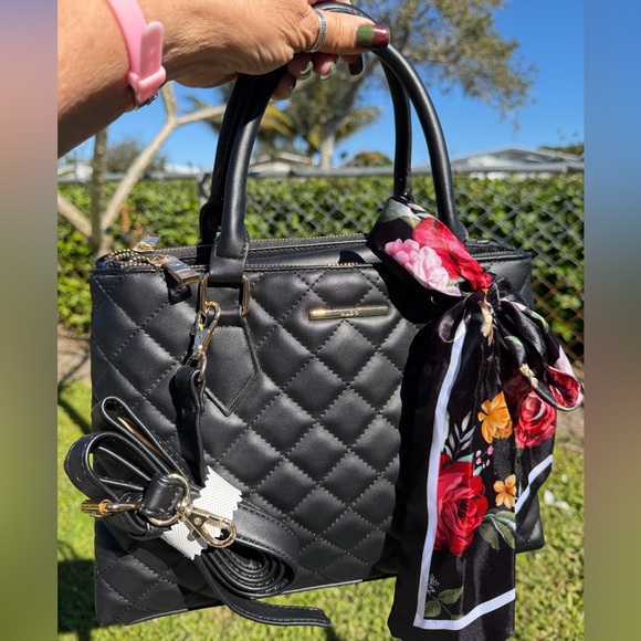 ALDO Black Quilted Shoulder Bag with Floral Scarf - Picture 5 of 14